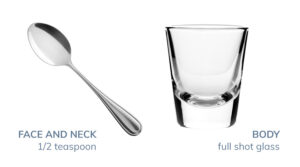 Image of teaspoon and shot glass to show how much sunscreen to use for face and neck and body